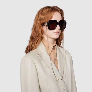 Gucci GG1022S Square Sunglasses Black w/ Gold Chain